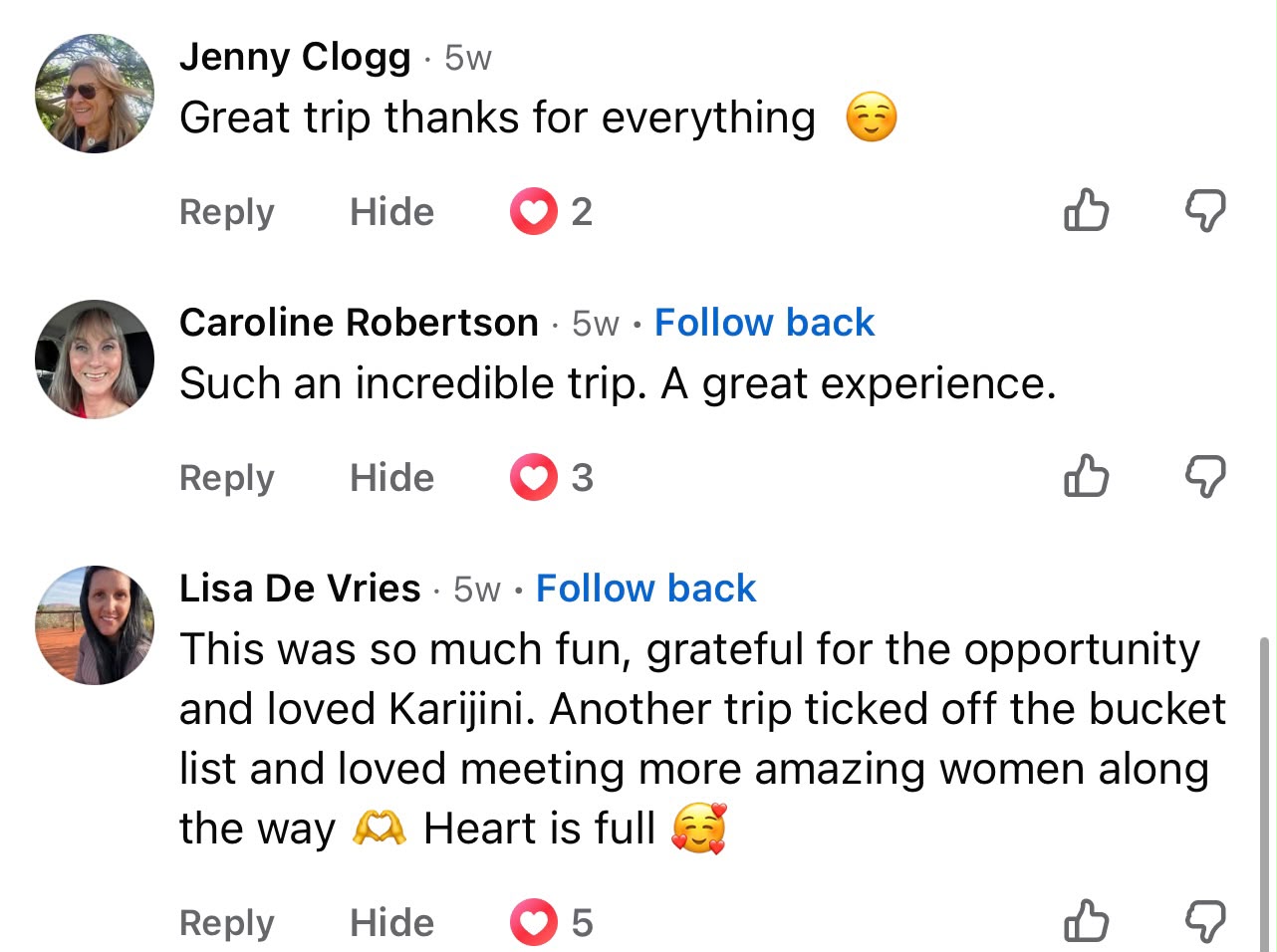 Facebook reviews from Jenny Clogg, Caroline Robertson and Lisa De Vries: “Great trip thanks for everything”, “Such an incredible trip” and “Heart is full”